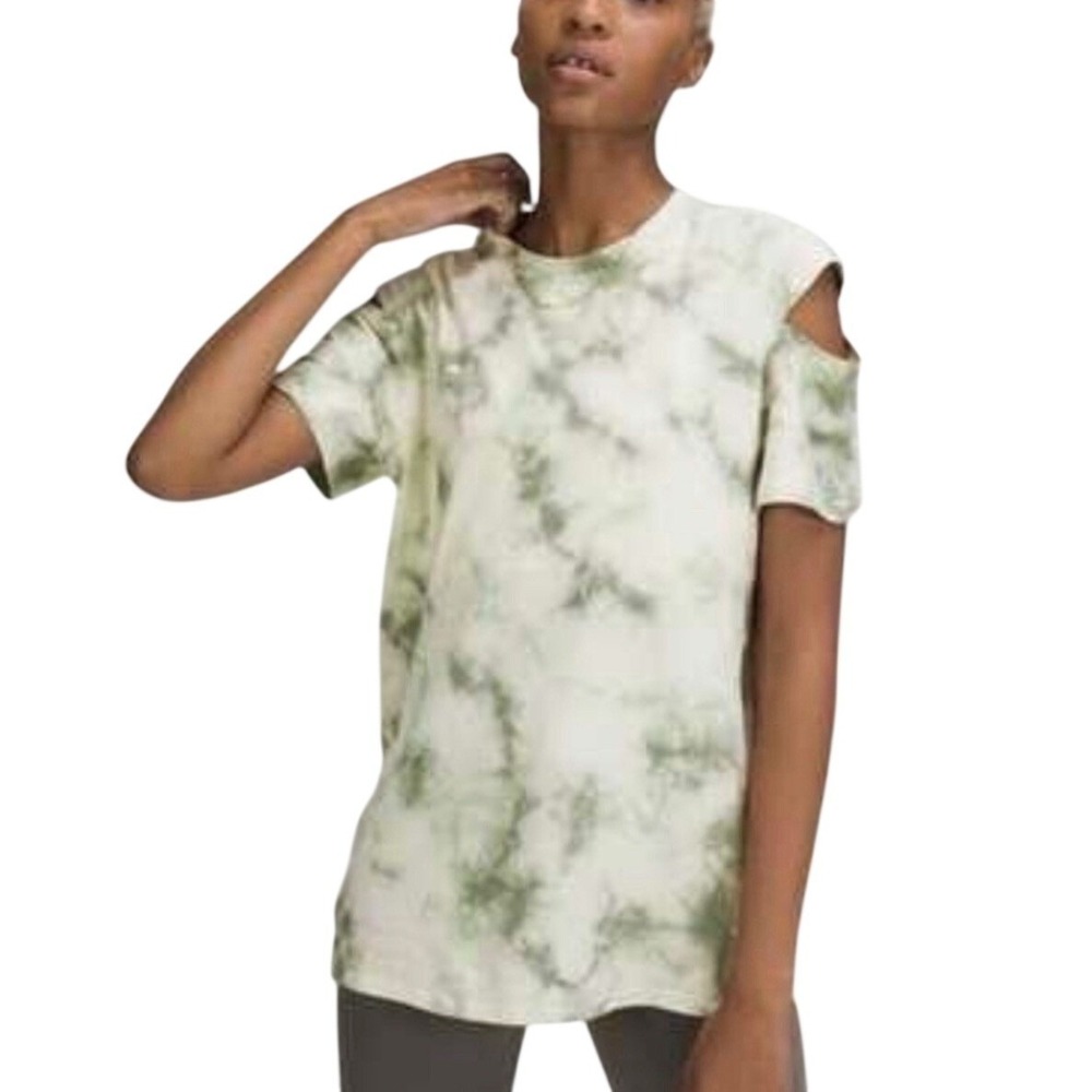 Lululemon‎ Green Tie Dye Cut Out Shoulder Short Sleeve Tee Shirt Womens Size 8